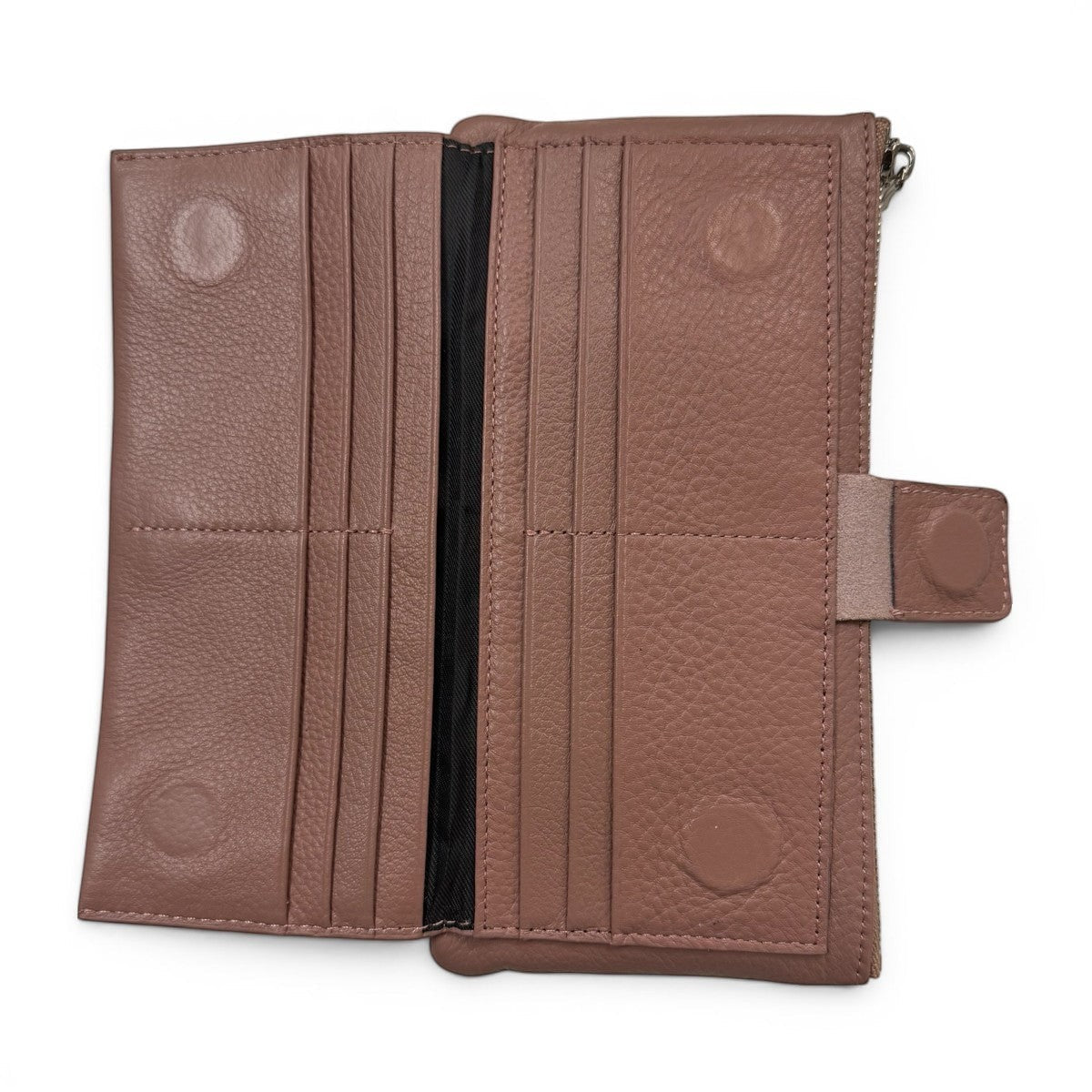 Sina Footwear genuine leather wallet in a dusty rose color, featuring multiple card slots and inner compartments.