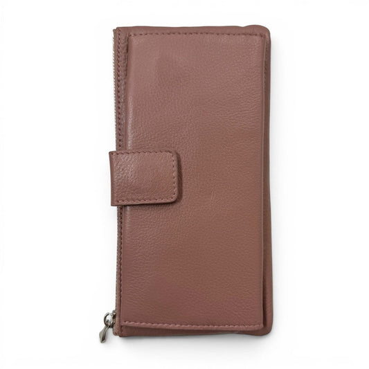 Sina Footwear genuine leather wallet in a dusty rose color with a snap closure and zip detail.