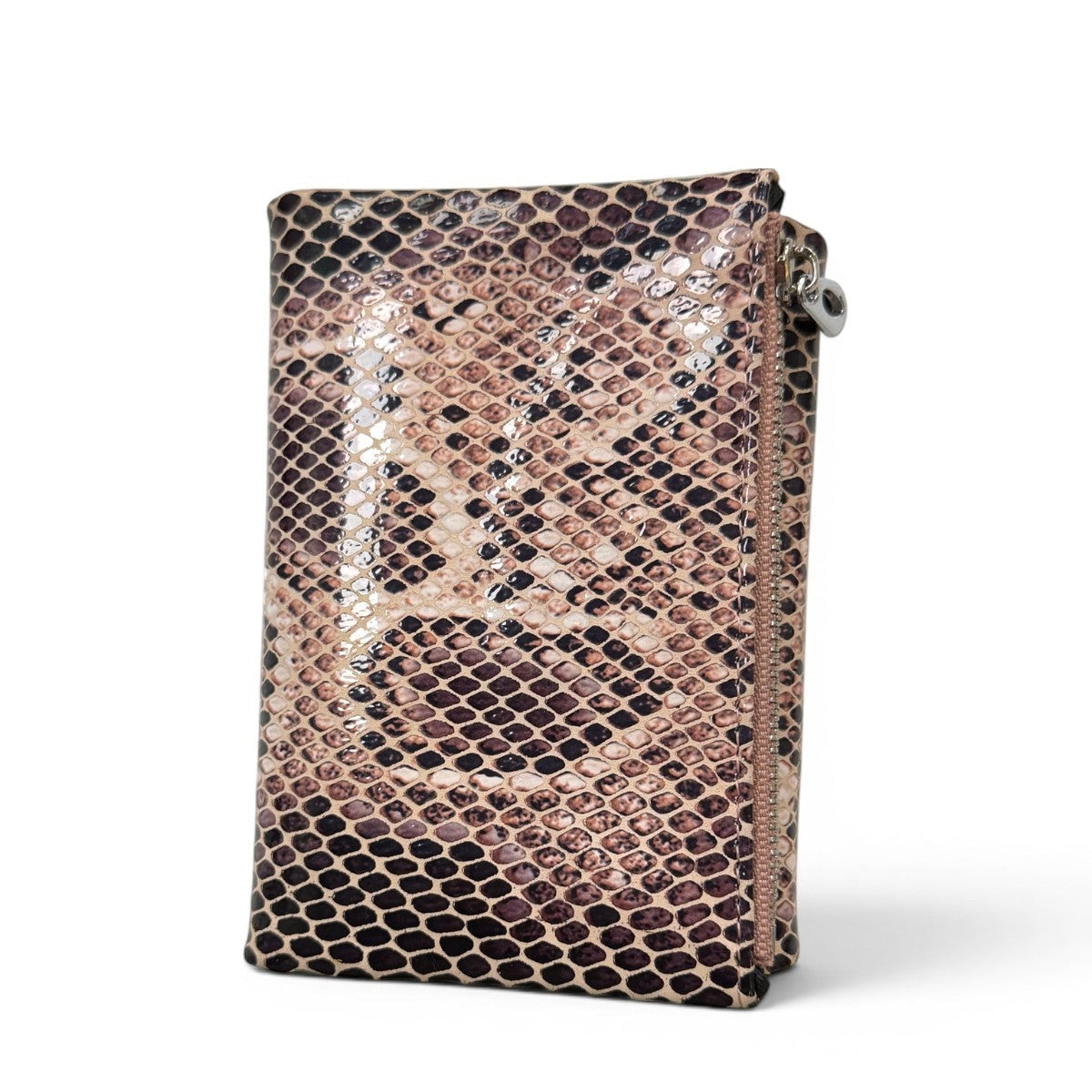 Sina Footwear genuine leather wallet with multi-color snake print and zippered closure.