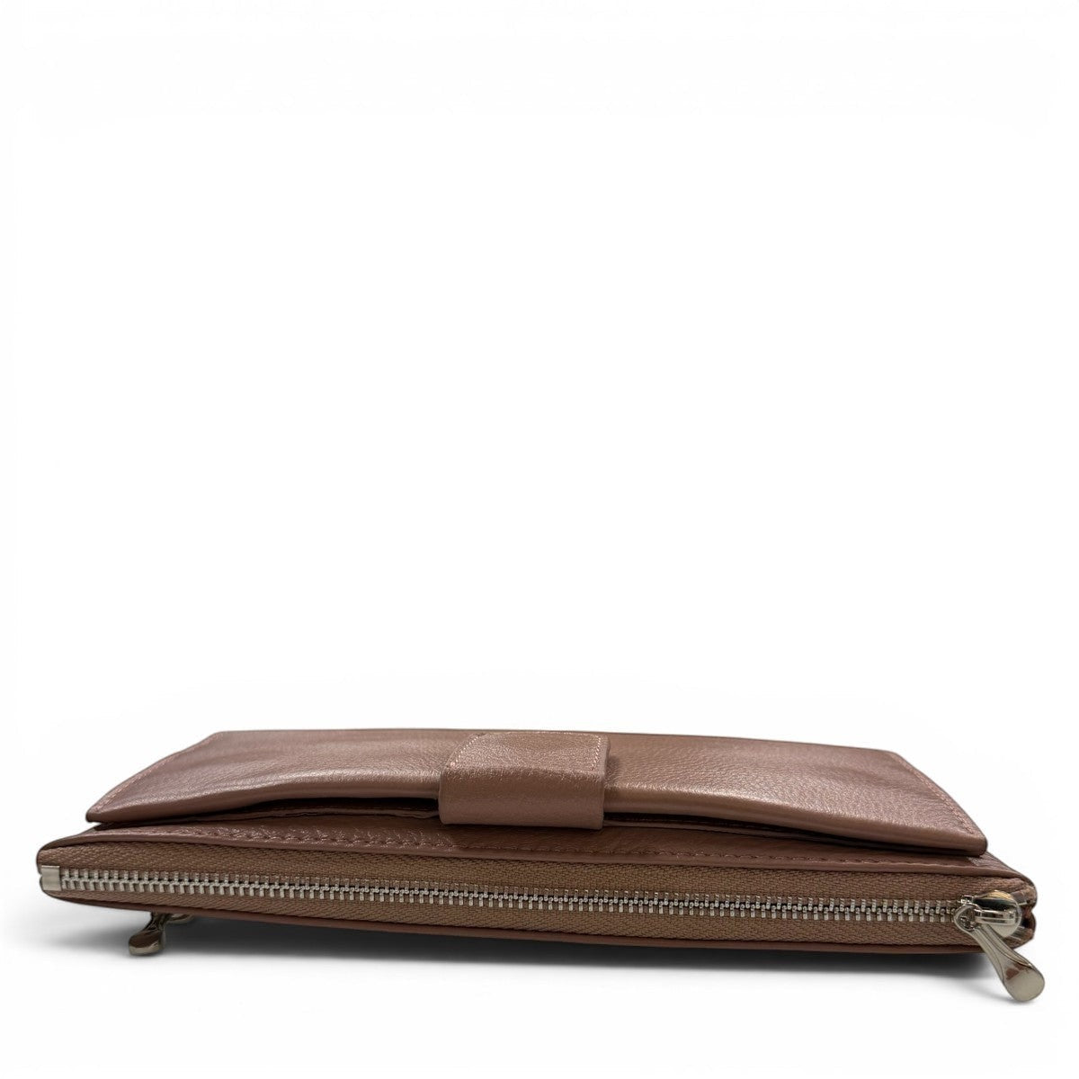 Sina Footwear genuine leather wallet in a taupe color with a bi-fold closure and zip-around compartment.