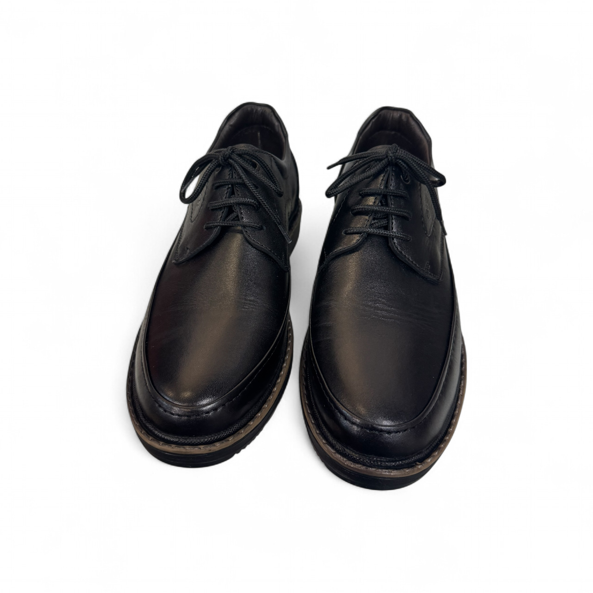 Sina Footwear Mahsa black genuine leather lace-up formal shoe with handmade stitching and durable rubber outsole. Photo of front view.