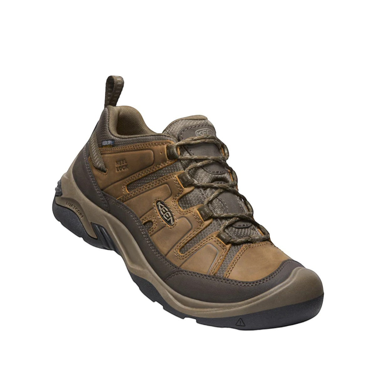 KEEN Men's Circadia WP hiking shoe in shitake and brindle leather with waterproof membrane and rubber sole.