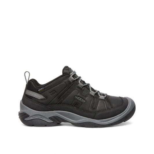 Sina Footwear men's black leather hiking shoe with grey accents, KEEN.DRY waterproof membrane, and LuftCore cushioning.