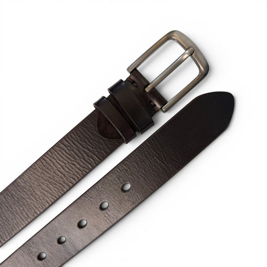 Sina Footwear men's dark brown genuine leather belt with a sleek silver buckle. Smooth finish, durable and long-lasting.