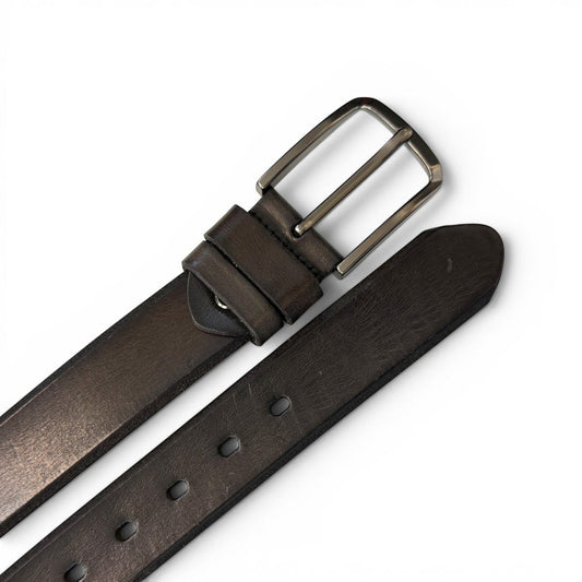 Sina Footwear men's dark brown genuine leather belt with a sleek silver buckle and smooth finish.