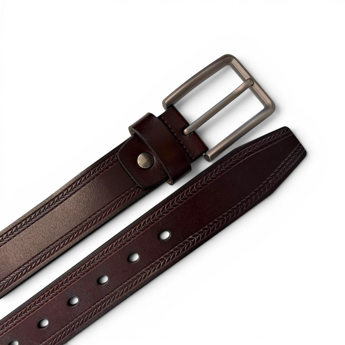 Sina Footwear men's dark brown genuine leather belt with a braided edge detail and a silver buckle. Perfect for formal or everyday wear.