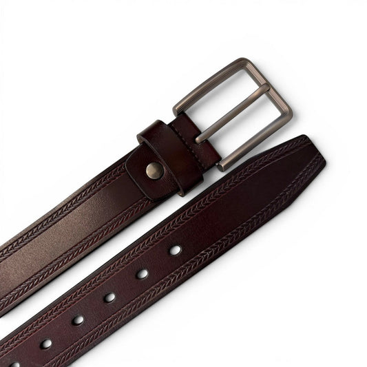 Sina Footwear men's dark brown genuine leather belt with a braided edge detail and a silver buckle. Perfect for formal or everyday wear.