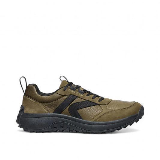 Sina Footwear men's dark olive and black leather trail sneakers with aggressive tread and lace-up closure.