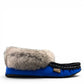 Sina Footwear navy blue cowhide suede moccasins with a soft rabbit fur ankle collar, handcrafted for comfort.