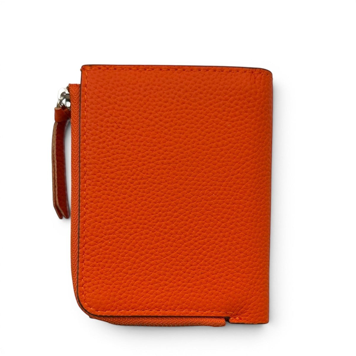 Sina Footwear genuine leather bi-fold wallet in vibrant orange with a zippered coin pocket and textured finish.