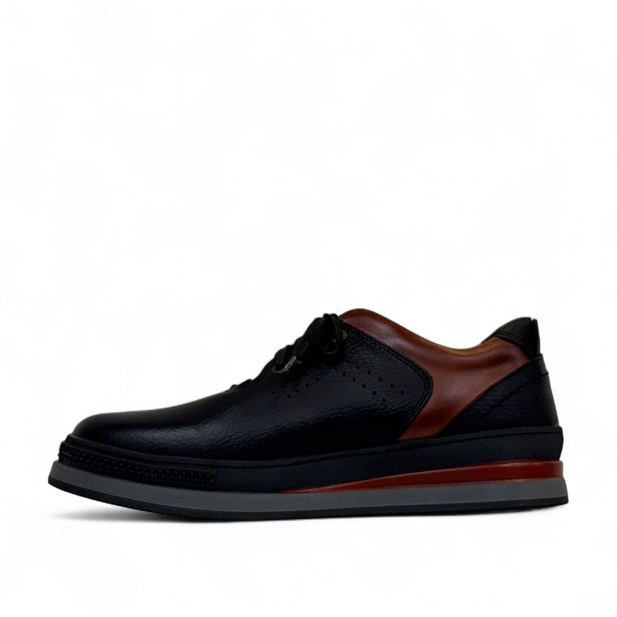 Sina Footwear Pasargad black leather lace-up sneakers with brown accents and a durable rubber outsole. Photo of left side view.