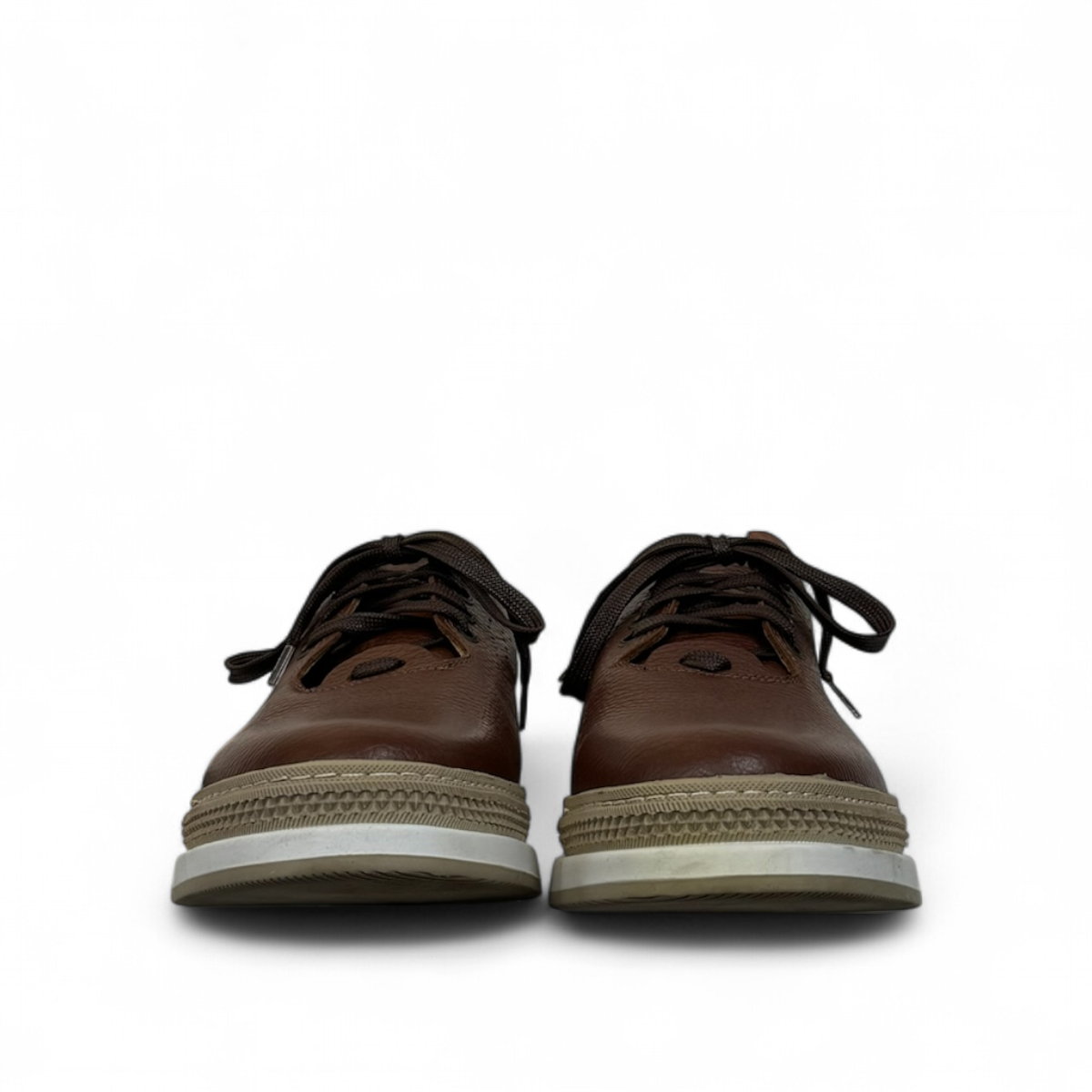 Sina Footwear Pasargad brown leather lace-up sneakers with a textured upper and durable rubber platform outsole. Photo of front view.