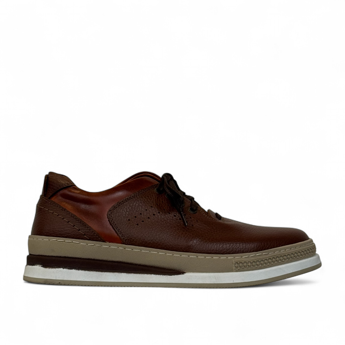 Sina Footwear Pasargad brown leather lace-up sneakers with a textured upper and durable rubber platform outsole. Photo of right side view.