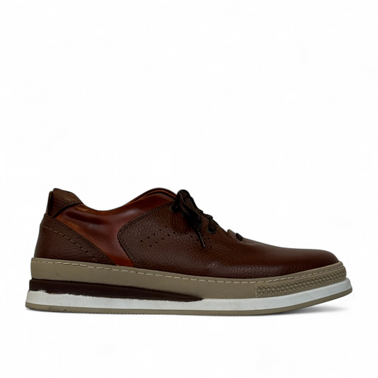 Sina Footwear Pasargad brown leather lace-up sneakers with a textured upper and durable rubber platform outsole. Photo of right side view.