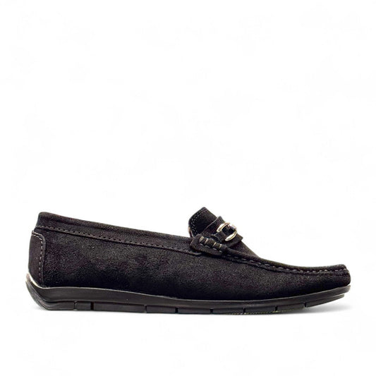 Sina Footwear Poonak black suede loafers with leather lining, rubber outsole, and refined handmade stitching detail. Photo of right side view.