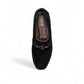 Sina Footwear Poonak black suede loafers with handmade stitching and a metallic bit detail on a white background. Photo of upper view.