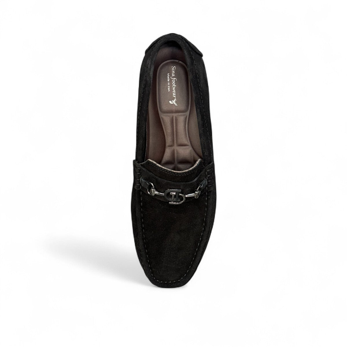 Sina Footwear Poonak black suede loafers with handmade stitching and a metallic bit detail on a white background. Photo of upper view.