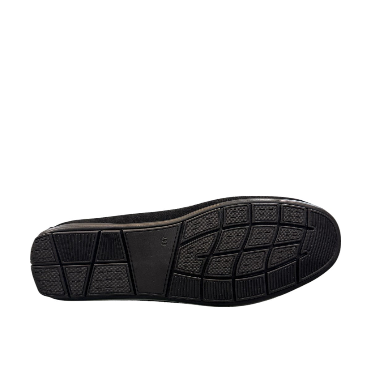 Sina Footwear Poonak black suede loafers with handmade stitching and a metallic bit detail on a white background. Photo of bottom view.