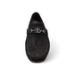 Sina Footwear Poonak black suede loafers with handmade stitching and a metallic bit detail on a white background. Photo of front view 1.