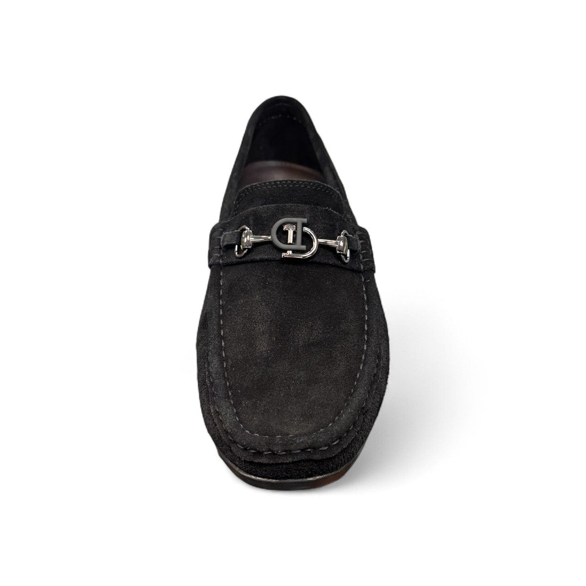 Sina Footwear Poonak black suede loafers with handmade stitching and a metallic bit detail on a white background. Photo of front view 1.