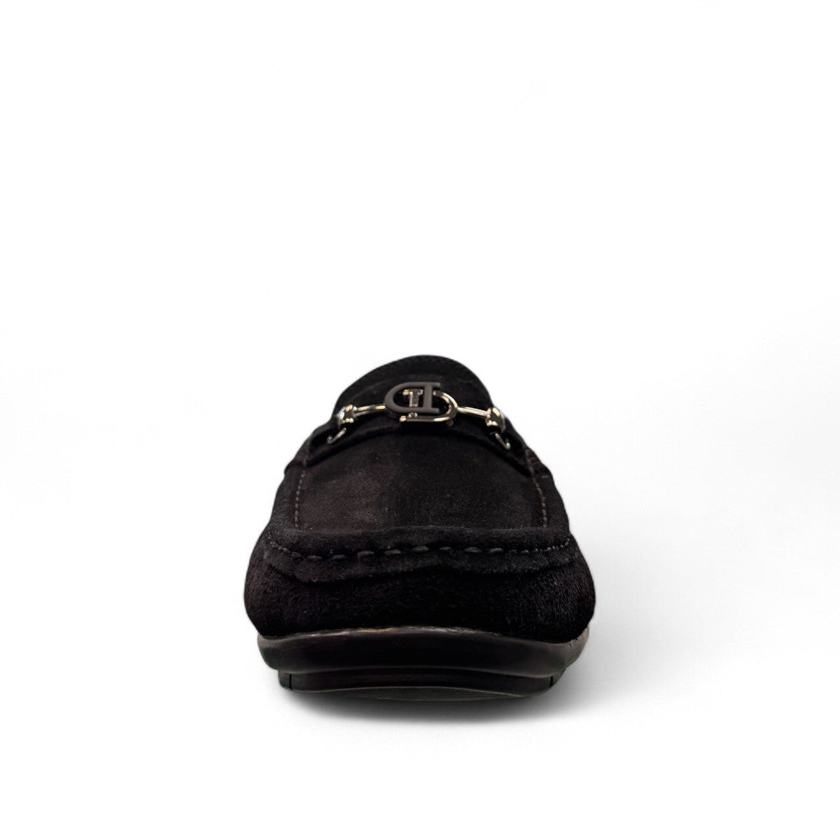 Sina Footwear Poonak black suede loafers with handmade stitching and a metallic bit detail on a white background. Photo of front view 2.