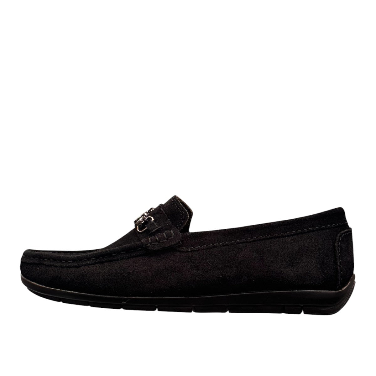 Sina Footwear Poonak black suede loafers with handmade stitching and a metallic bit detail on a white background. Photo of left side view.