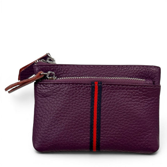 Sina Footwear genuine leather wallet in purple with red and blue stripe detail and zipper closure.