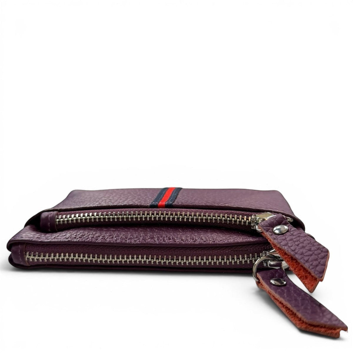 Sina Footwear genuine leather wallet in purple with red and blue stripe detail and zippered compartments.