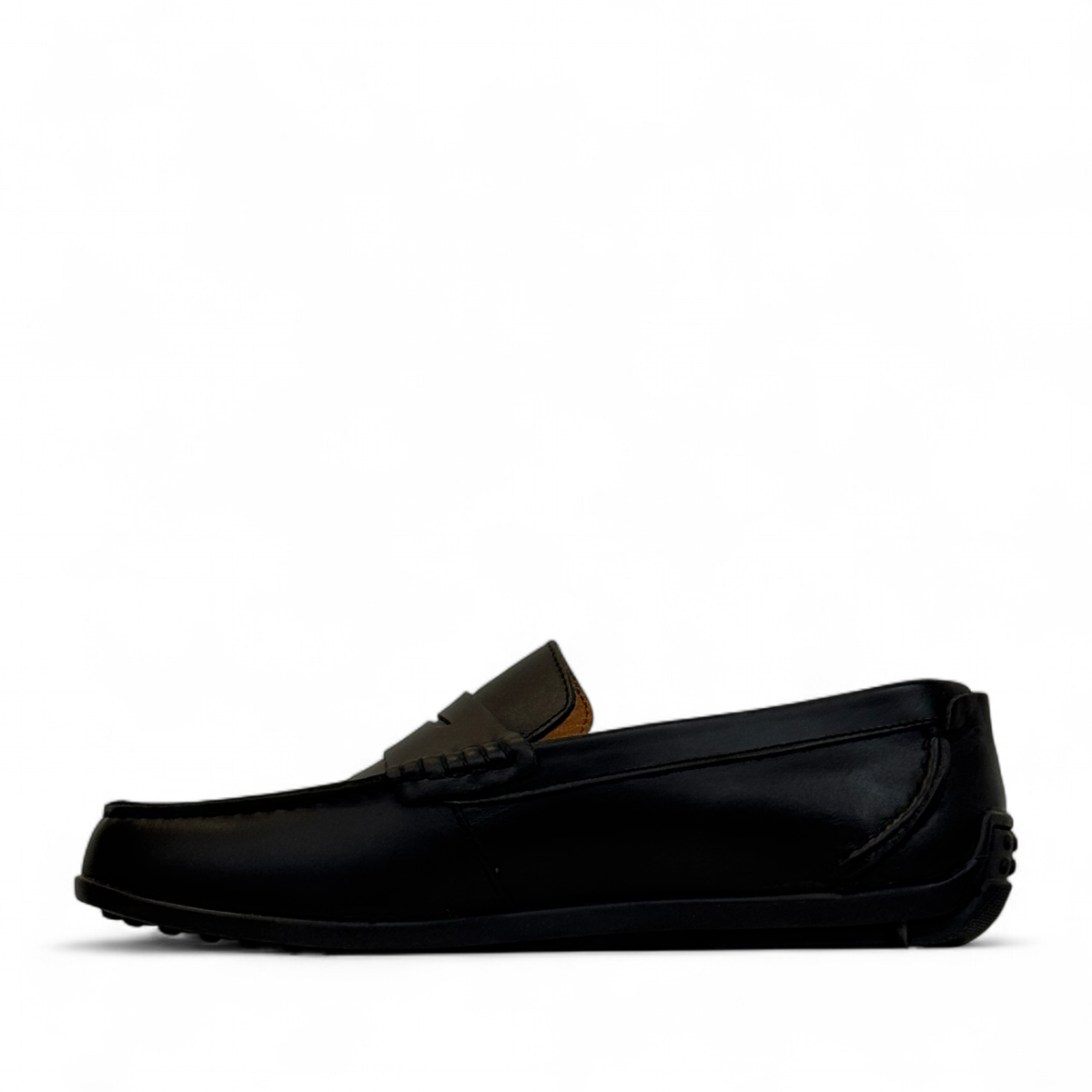 Sina Footwear Samin black genuine leather loafers with subtle handmade stitching for formal or smart casual wear. Photo of left side view.