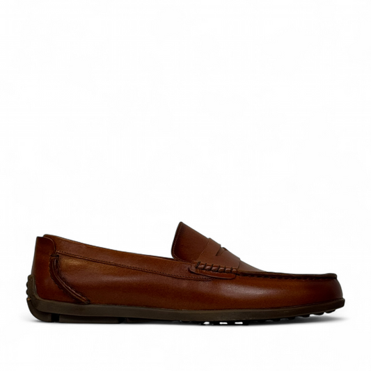 Sina Footwear Samin brown genuine leather loafers with handmade stitching and a polished finish for formal wear. Photo of right side view.