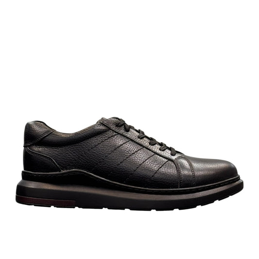 Sina Footwear Sari black lace-up sneakers crafted from genuine leather with detailed stitching and rubber outsole. Photo of right side view.