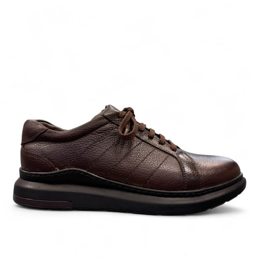 Sina Footwear Sari dark brown genuine leather lace-up shoe with a durable rubber outsole and detailed stitching. Photo of right side view.