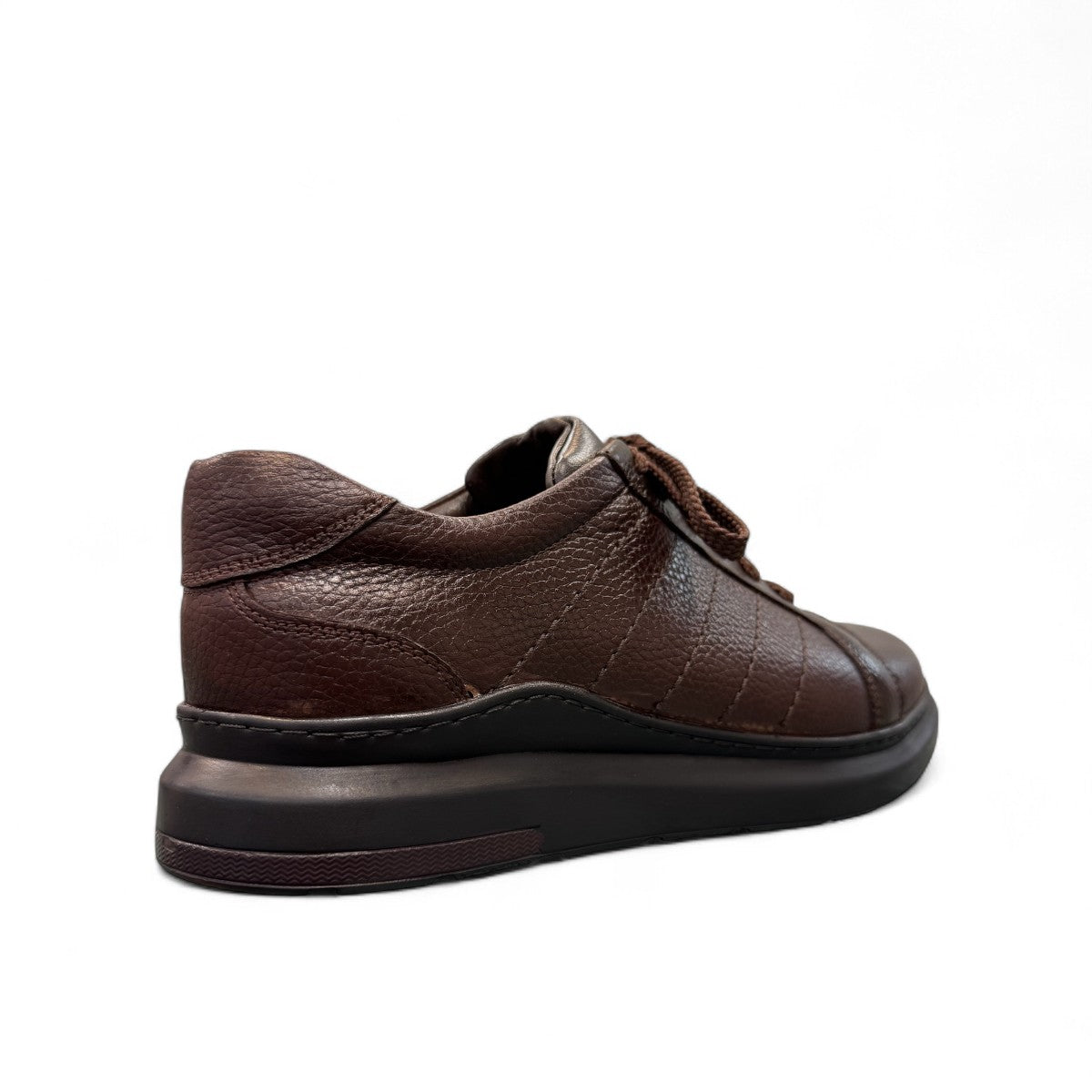 Sina Footwear Sari dark brown genuine leather lace-up shoe with a durable rubber outsole and detailed stitching. Photo of back side view.