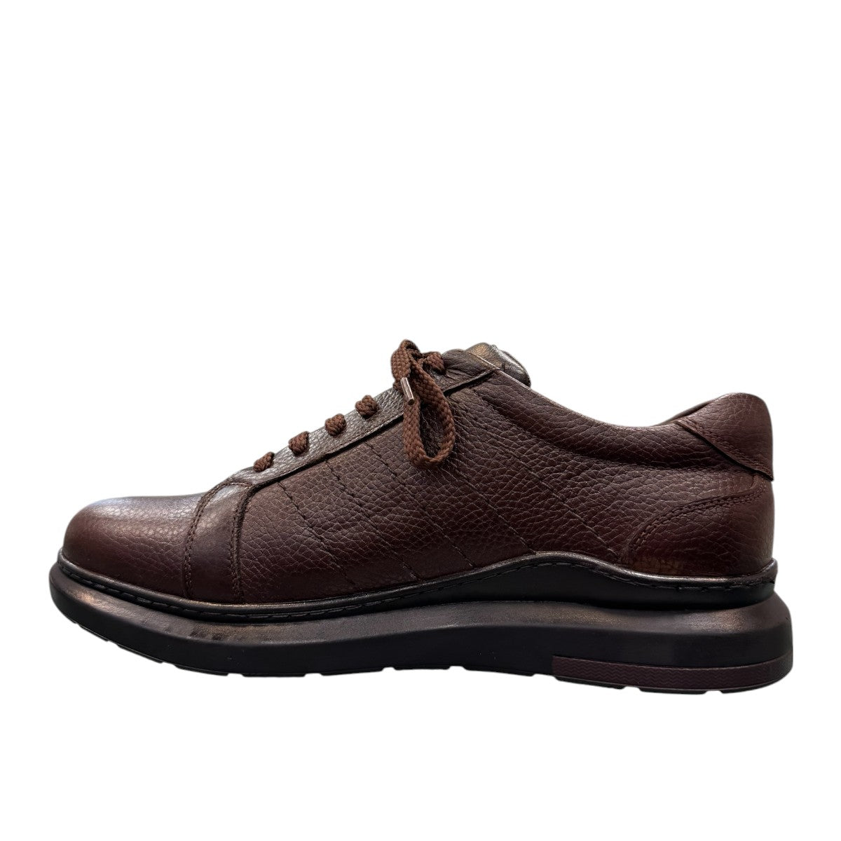 Sina Footwear Sari dark brown genuine leather lace-up shoe with a durable rubber outsole and detailed stitching. Photo of left side view.
