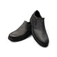 Sina Footwear Satel black genuine leather slip-on shoe with textured upper, rubber outsole, and handmade stitching. Photo of upper view.