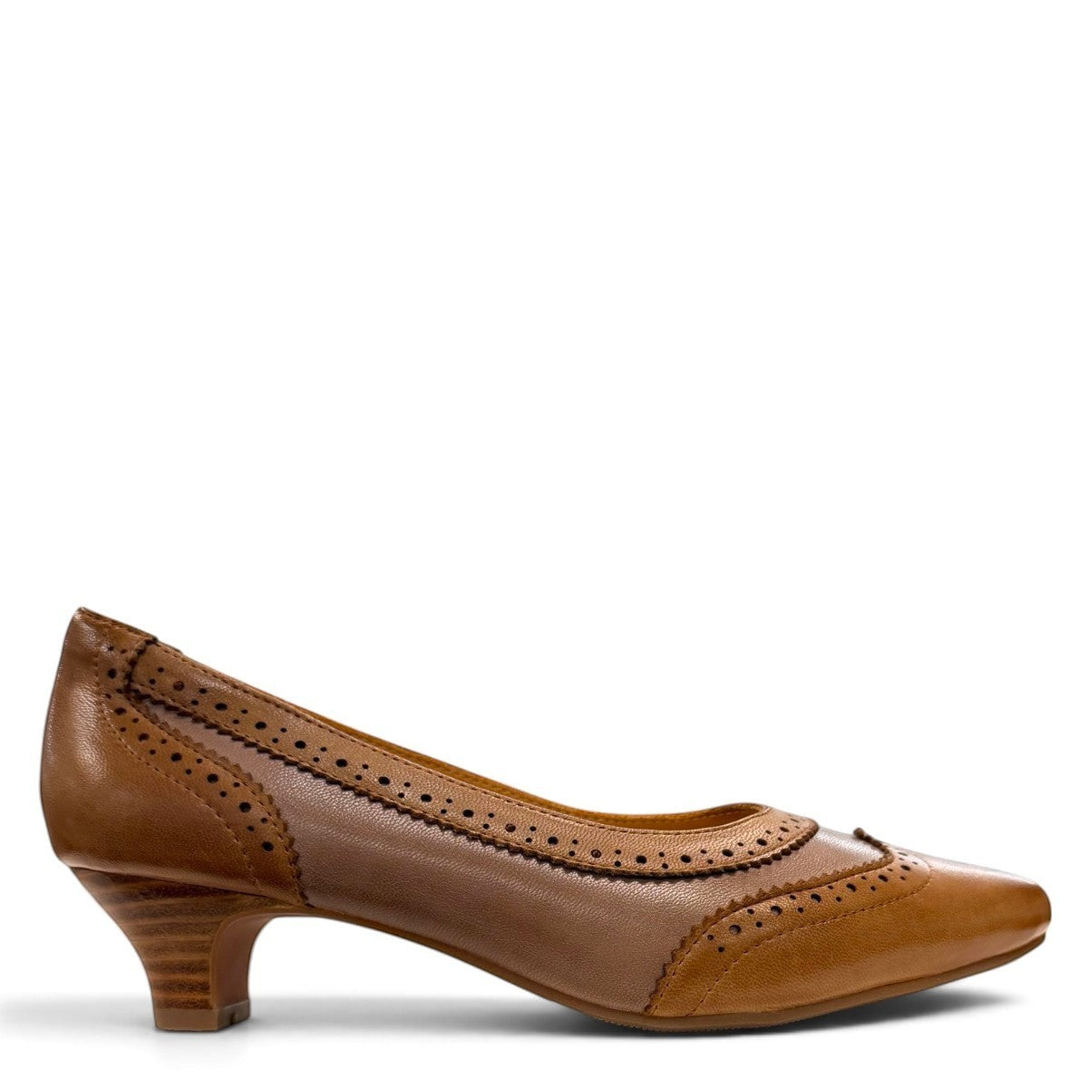 Sina Footwear tan leather pump with pointed toe, brogue-inspired perforated details, and a low block heel.
photo of the right side
