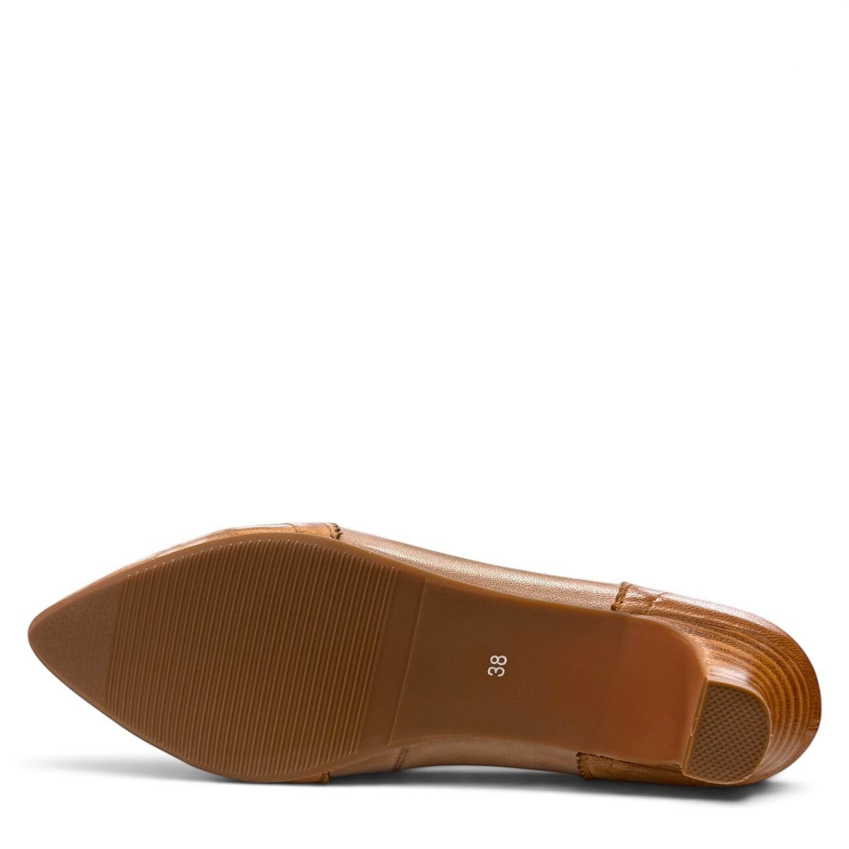 Sina Footwear tan leather pump with pointed toe, brogue-inspired perforated details, and a low block heel.
photo of the bottom side