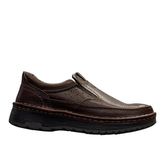 Sina Footwear Tehran2 dark brown genuine leather slip-on shoes with handmade stitching and durable rubber outsole. Photo of right side view.