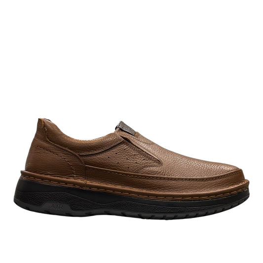 Sina Footwear Tehran2 light brown leather slip-on shoes with a durable black rubber outsole and handmade stitching. Photo of right side view.