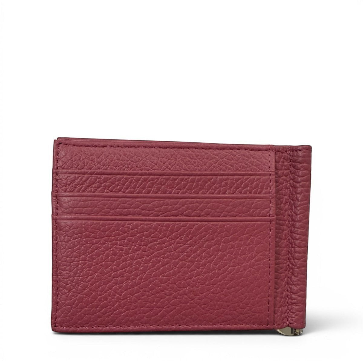 Sina Footwear Textured Leather Bifold Wallet With Money Clip in berry hue, featuring multiple card slots and a metal money clip.