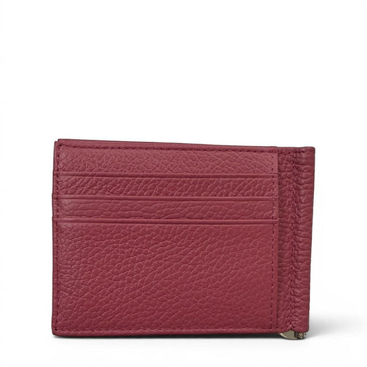 Sina Footwear Textured Leather Bifold Wallet With Money Clip in berry hue, featuring multiple card slots and a metal money clip.
