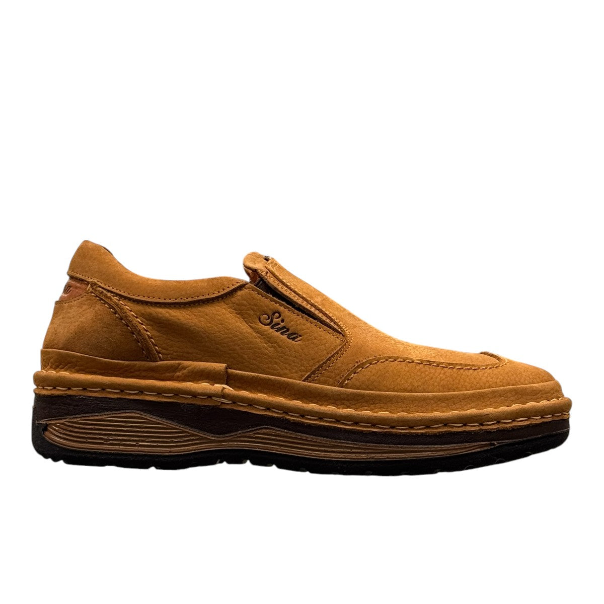 Sina Footwear Tonkbon brown leather slip-on shoes with handmade stitching and a durable dark brown sole. Photo of right side view.