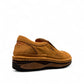 Sina Footwear Tonkbon brown leather slip-on shoes with handmade stitching and a durable dark brown sole. Photo of back side view.
