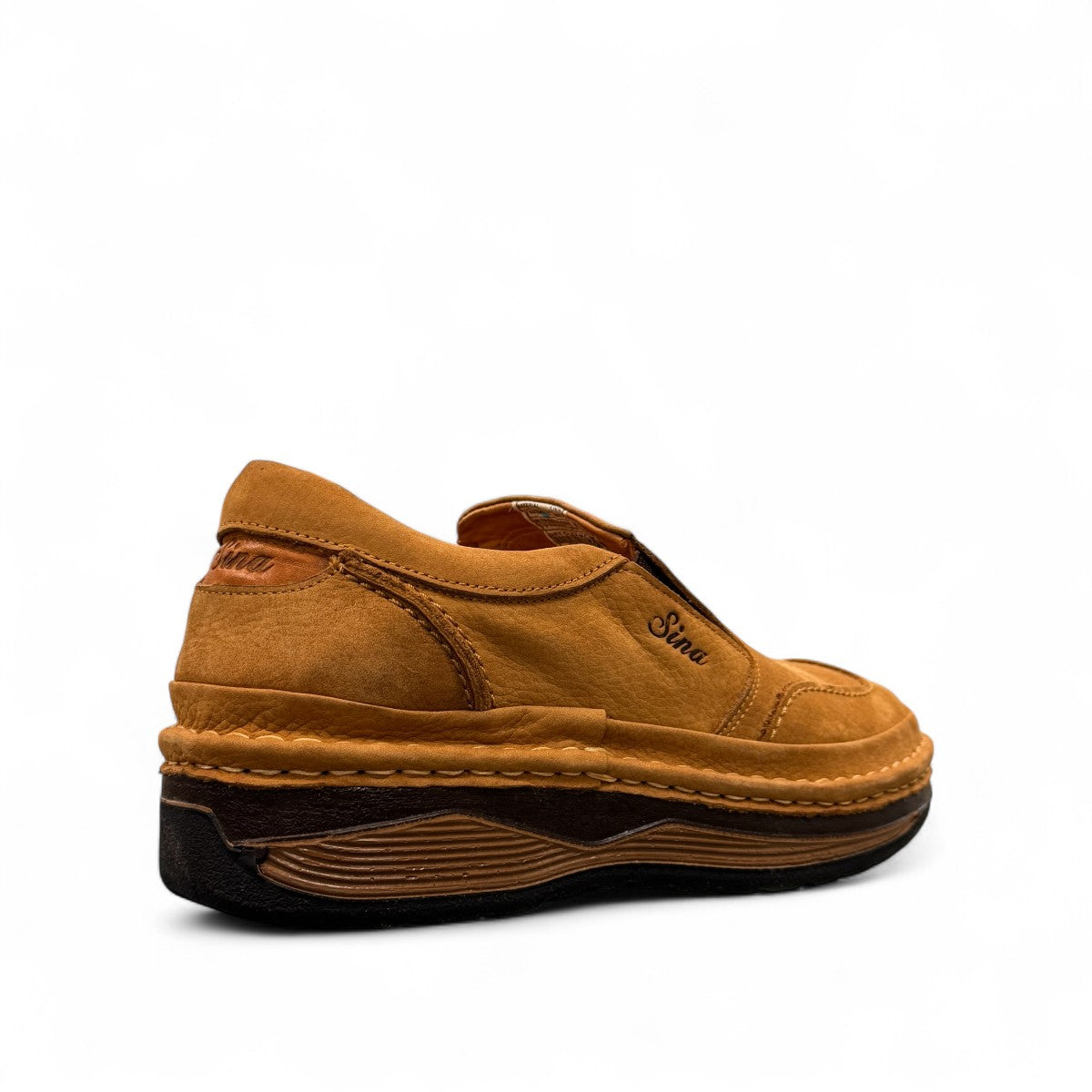 Sina Footwear Tonkbon brown leather slip-on shoes with handmade stitching and a durable dark brown sole. Photo of back side view.