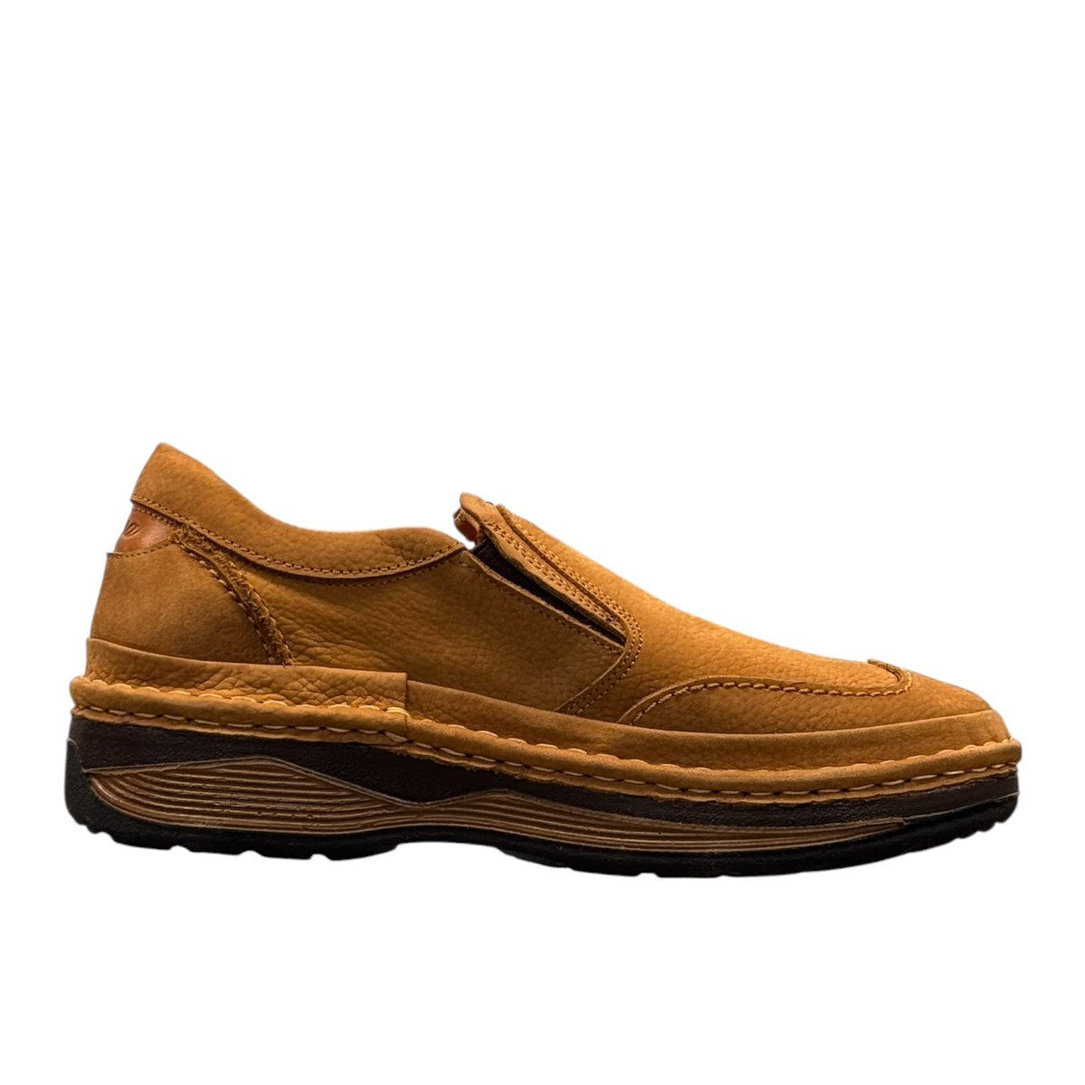 Sina Footwear Tonkbon brown leather slip-on shoes with handmade stitching and a durable dark brown sole. Photo of left side view.