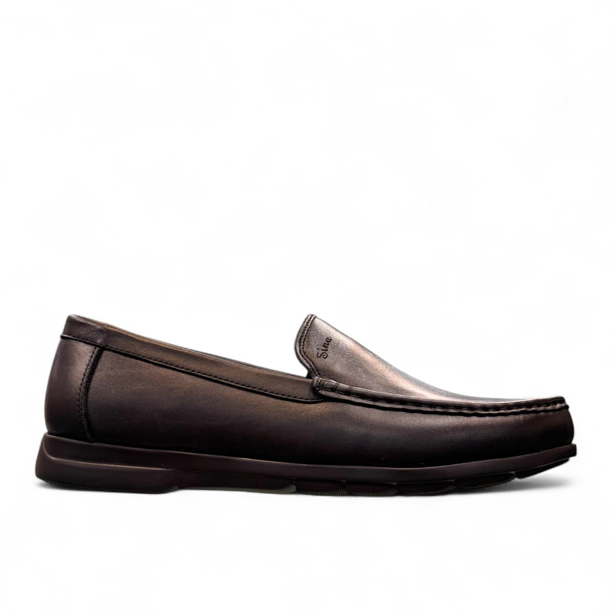Sina Footwear Vanak black leather loafers with handmade stitching and a durable rubber outsole for formal wear. Photo of right side view.