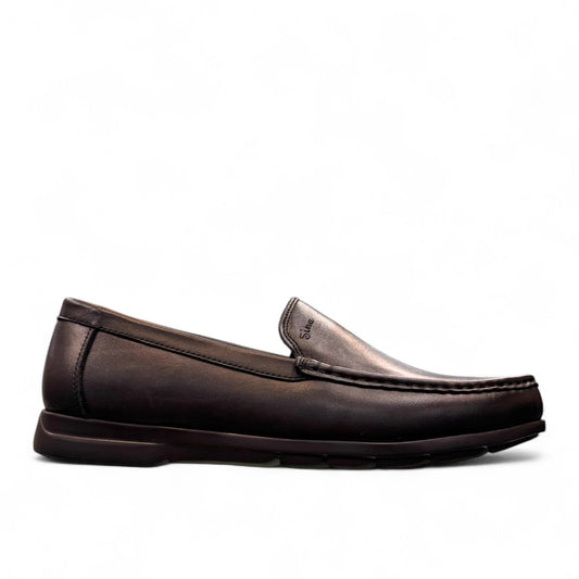 Sina Footwear Vanak black leather loafers with handmade stitching and a durable rubber outsole for formal wear. Photo of right side view.