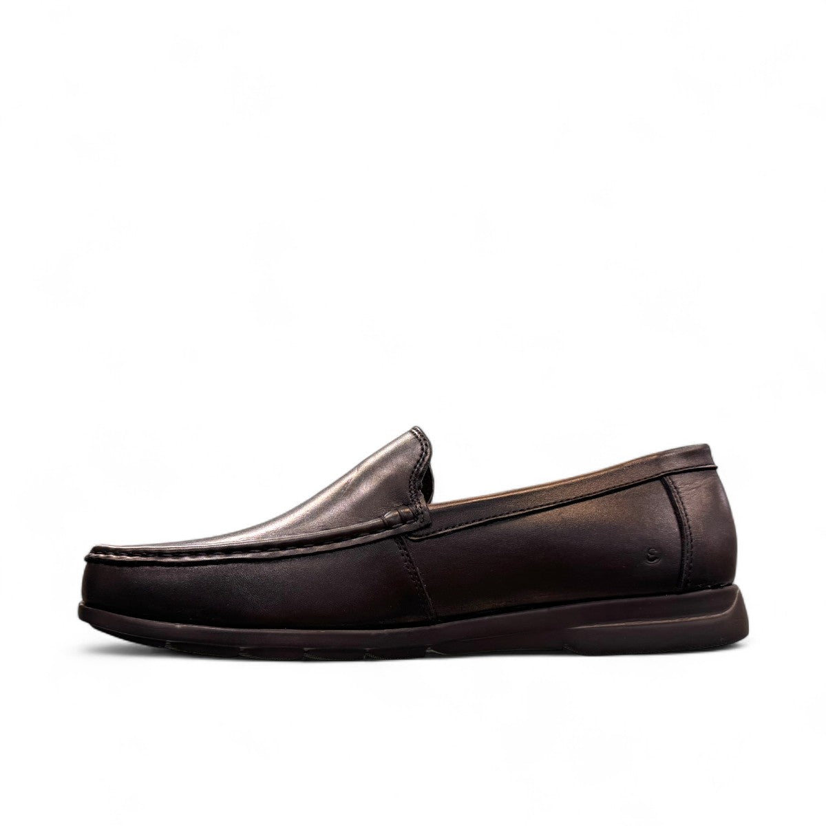 Sina Footwear Vanak black leather loafers with handmade stitching and a durable rubber outsole for formal wear. Photo of left side view.