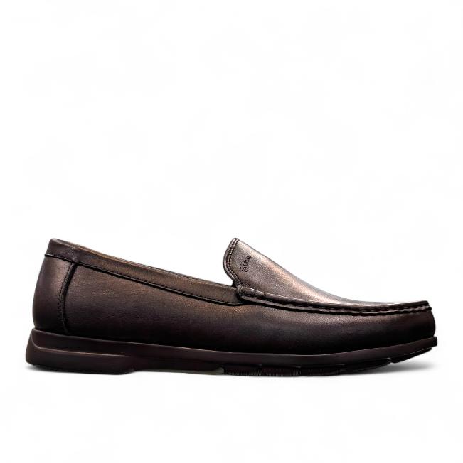 Sina Footwear Vanak dark brown leather loafers featuring handmade stitching and a durable rubber outsole. Photo of right side view.
