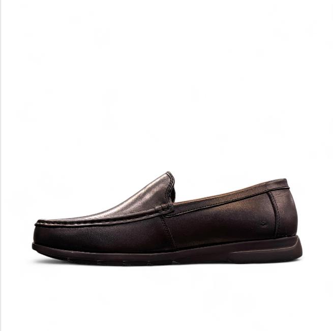 Sina Footwear Vanak dark brown leather loafers featuring handmade stitching and a durable rubber outsole. Photo of left side view.